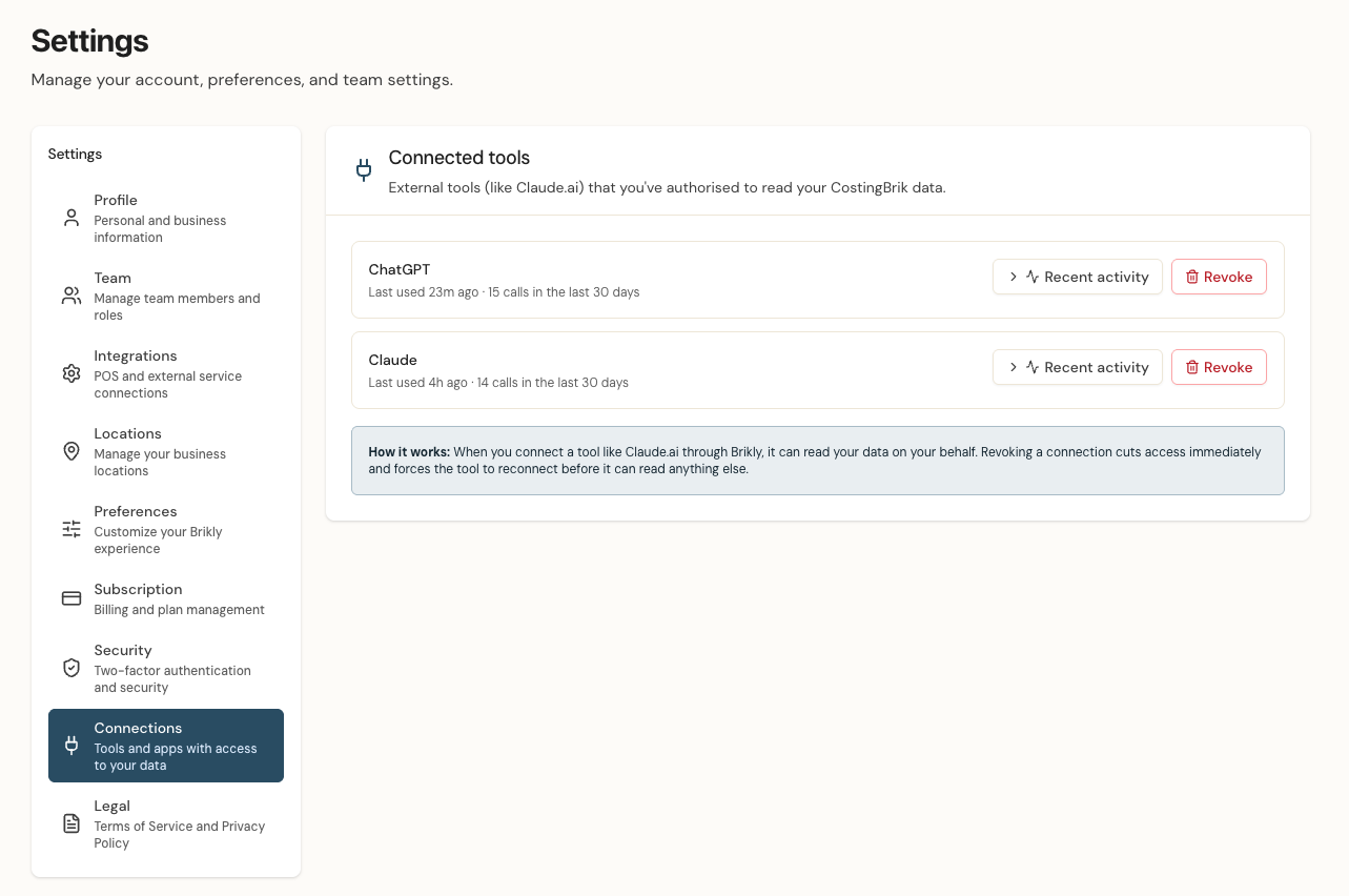 Brikly Settings Connections page showing connected ChatGPT and Claude tools each with Recent activity and Revoke buttons
