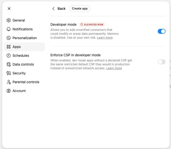 ChatGPT Settings showing Developer mode toggled on under Apps Advanced Settings