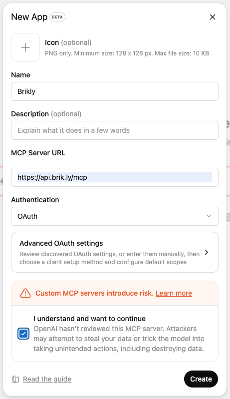 ChatGPT New App dialog with the Brikly MCP server URL and OAuth authentication selected