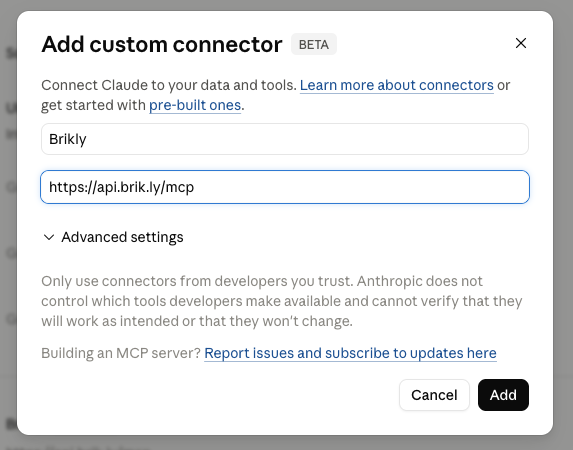 Claude Add custom connector dialog with Brikly name and the api.brik.ly/mcp URL filled in