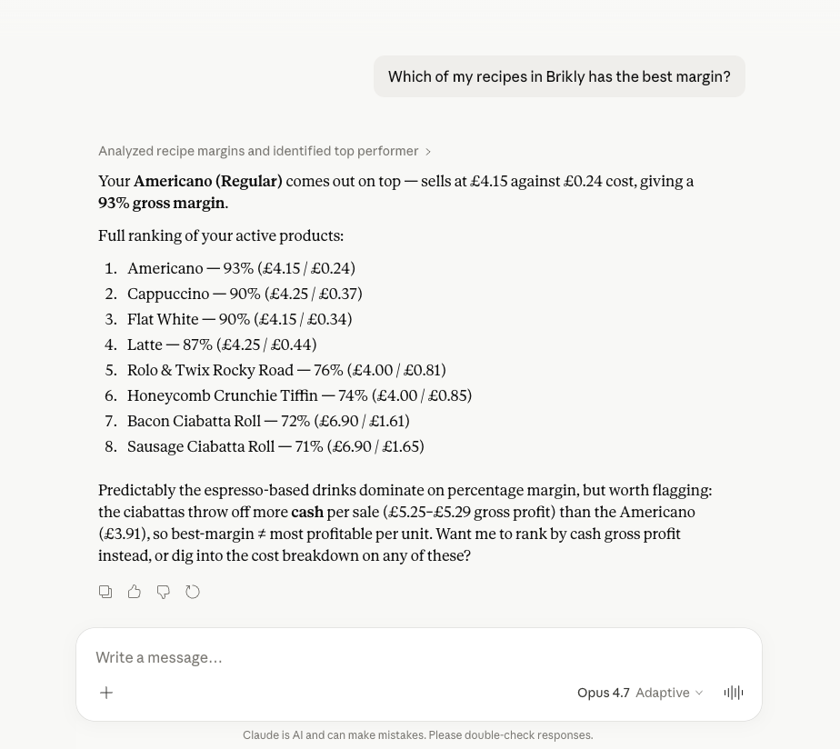 Claude answering a margin-ranking question with live Brikly data, showing each product's selling price, cost, and gross margin